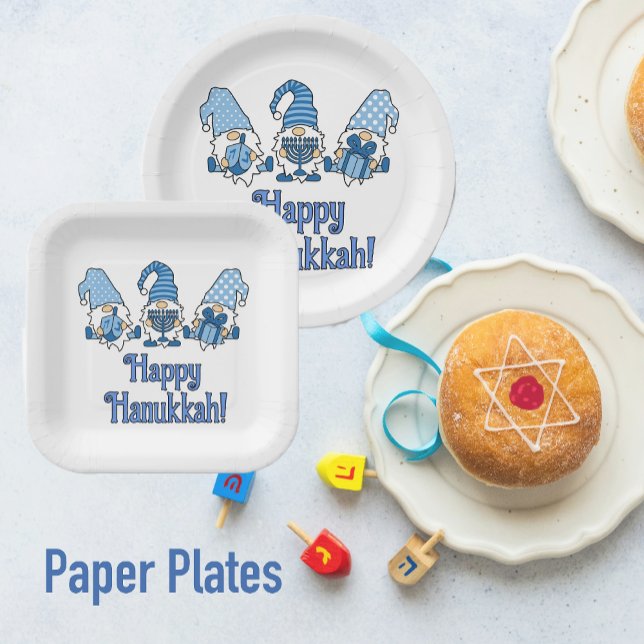 Prato De Papel Feliz Hanukkah com três gnomos (Ready for Hanukkah parties!)