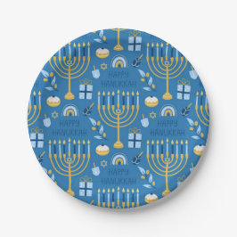 Prato De Papel Feliz Hanukkah Jewish Star Menorah Blue