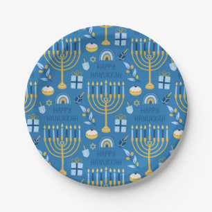 Prato De Papel Feliz Hanukkah Jewish Star Menorah Blue