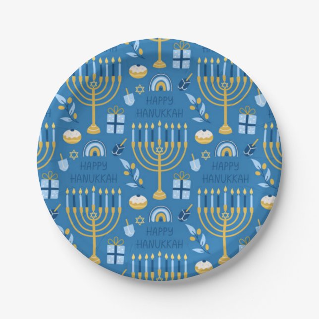Prato De Papel Feliz Hanukkah Jewish Star Menorah Blue (Frente)