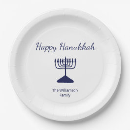 Prato De Papel Feliz Hanukkah Simples Menorah Azul Branco