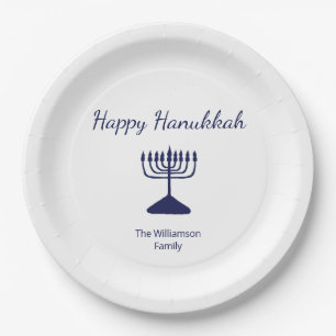 Prato De Papel Feliz Hanukkah Simples Menorah Azul Branco