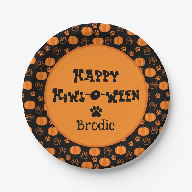 Prato De Papel Feliz Howl-O-Ween Cachorro Personalizado Halloween (Frente)