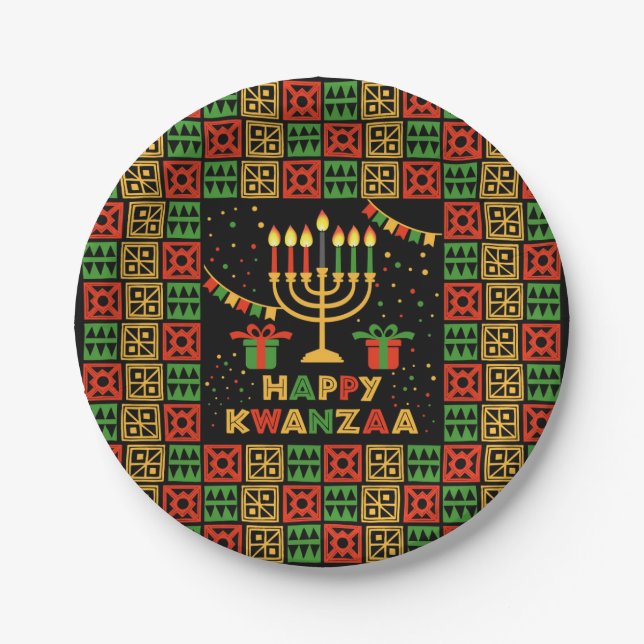 Prato De Papel Feliz Kwanzaa Velas Vermelhas Preto Verde Amarelo  (Frente)