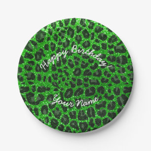 Prato De Papel Feliz leopardo-verde limão de aniversário