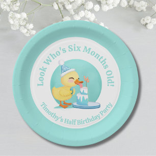Prato De Papel Feliz Meio Aniversário Bebê Pato com Bolo de Festa