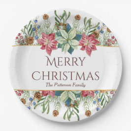 Prato De Papel Feliz Natal Aquarela de Flores Invernais Nome