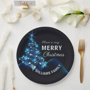 Prato De Papel Feliz Natal Árvore Azul e Estrelas Feriado