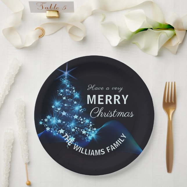 Prato De Papel Feliz Natal Árvore Azul e Estrelas Feriado (Casamento)