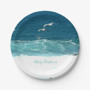 Prato De Papel Feliz Natal Blue Ocean Waves Plates