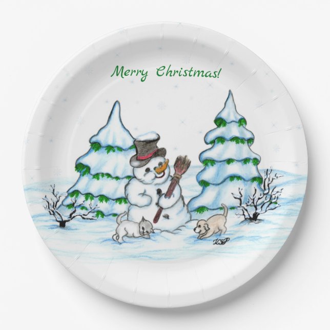 Prato De Papel Feliz Natal! Boneco de Neve com Gato e Cachorrinho (Frente)