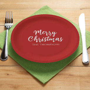 Prato De Papel Feliz Natal Caligrafia Vermelha Simples e Minimali