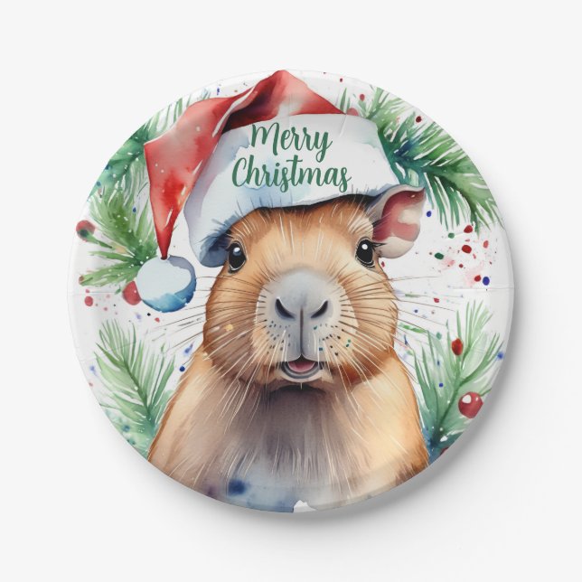 Prato De Papel Feliz Natal Chapéu Festivo Capybara - (Frente)