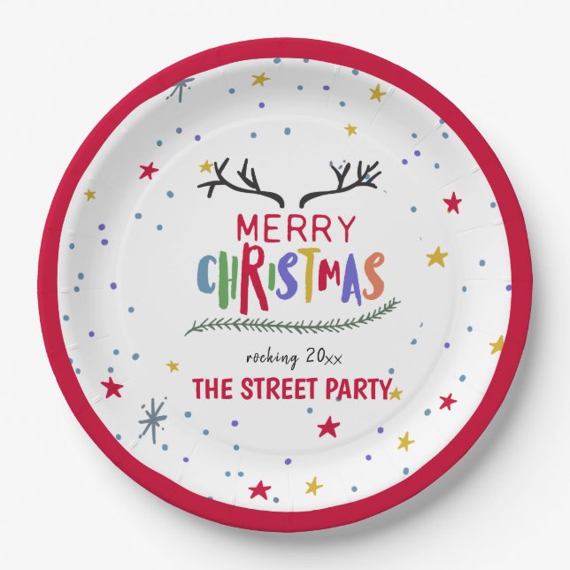 Prato De Papel Feliz Natal, Colorida Reindeer Antlers & Stars (Frente)