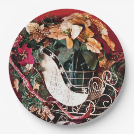 Prato De Papel Feliz Natal com Dourado Sleigh