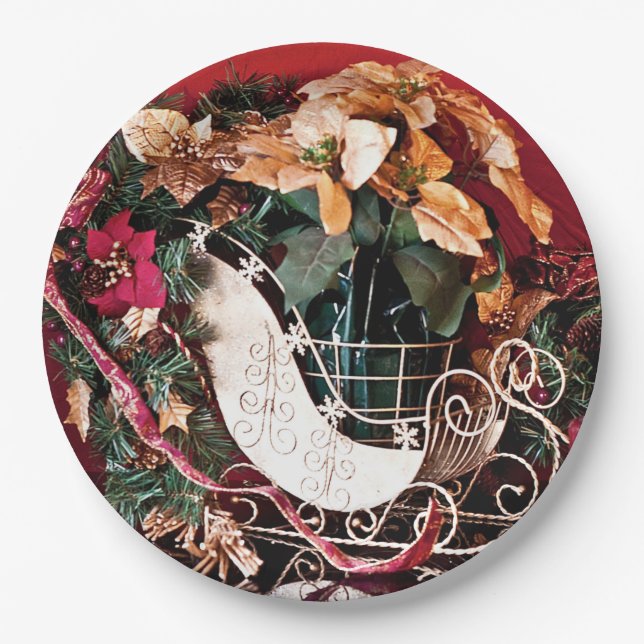 Prato De Papel Feliz Natal com Dourado Sleigh (Frente)