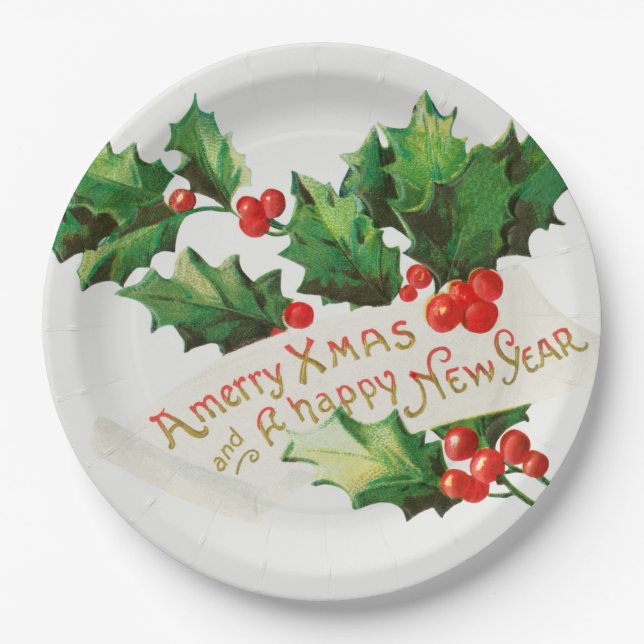 Prato De Papel Feliz Natal de cereja (Frente)