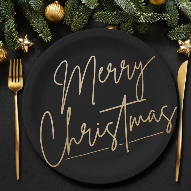 Prato De Papel Feliz Natal Dourado em Preto (Gold Merry Christmas on Black Paper Plates)
