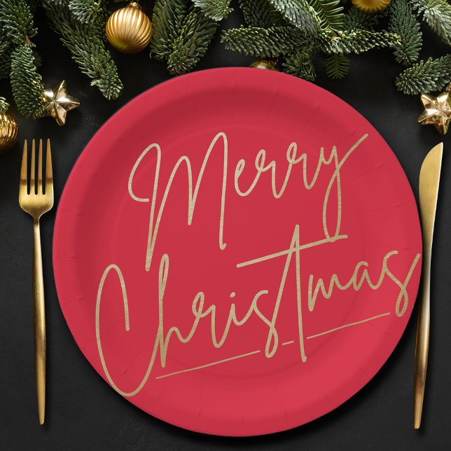 Prato De Papel Feliz Natal Dourado no Vermelho (Gold Merry Christmas on Red Paper Plates)