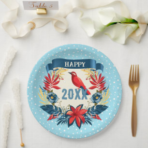 Prato De Papel Feliz Natal e Feliz Ano Novo! 20XX Pássaro Vermelh