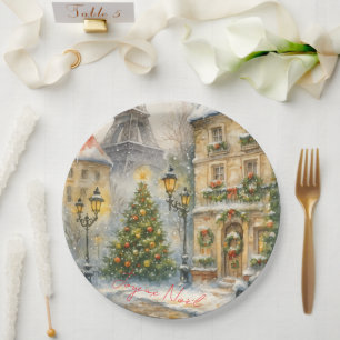 Prato De Papel Feliz Natal em Paris Aquarela Torre Eiffel
