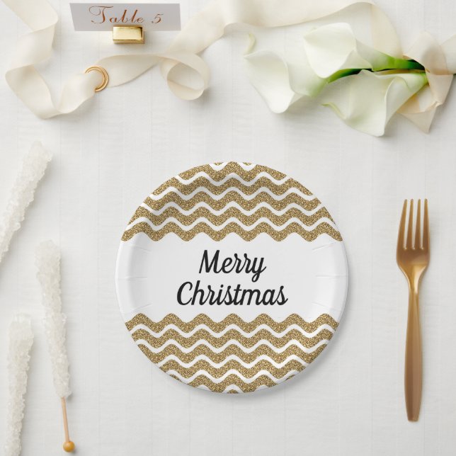 Prato De Papel Feliz Natal Faux Dourado Glitter White Strips (Casamento)