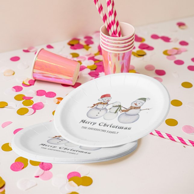 Prato De Papel Feliz Natal - Feliz Natal da Família Snowmen (Criador carregado)