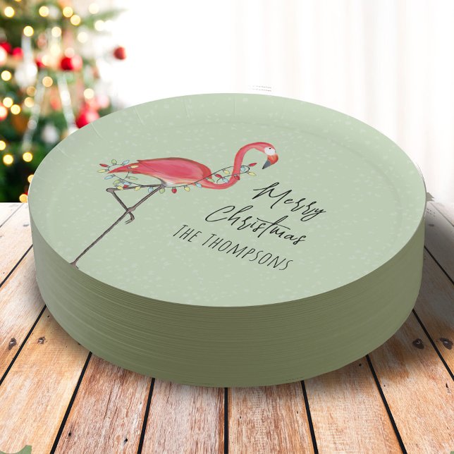 Prato De Papel Feliz Natal Feriado Festa Luz Rosa Flamingo (Simple Merry Christmas cute pink flamingo calligraphy script paper plate)