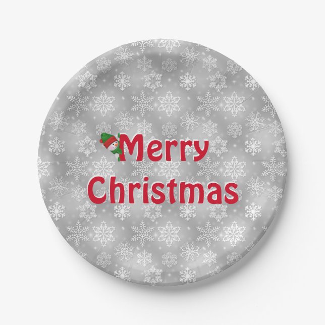 Prato De Papel Feliz Natal Flocos de Neve e Snowman (Frente)