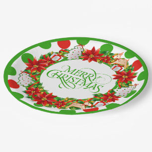 Prato De Papel Feliz Natal, Floral Wreath Paper Plate