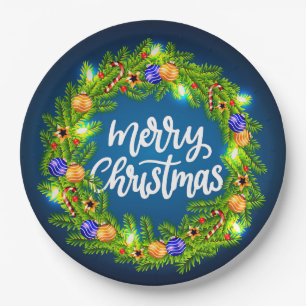Prato De Papel Feliz Natal Fúria Verde sobre Azul 9"