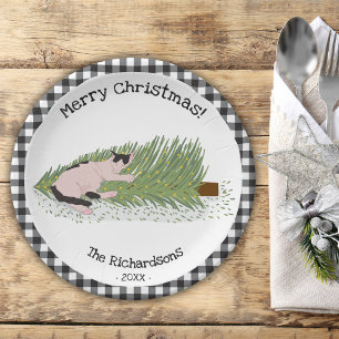 Prato De Papel Feliz Natal! Gingham Preto e Branco de Gata vs Árv