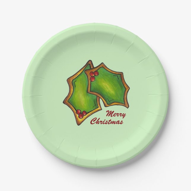 Prato De Papel Feliz Natal Holly Leaf Cookie Baking (Frente)