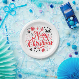 Prato De Papel Feliz Natal Moderno Design Vermelho e Branco