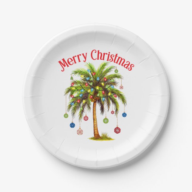 Prato De Papel Feliz Natal Palm Tree Light Havaiana Tropical (Frente)
