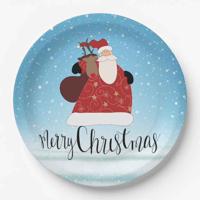 Prato De Papel Feliz Natal Papai Noel e Rudolph (Frente)