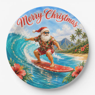 Prato De Papel Feliz Natal Papai Noel Havaiano de Surf