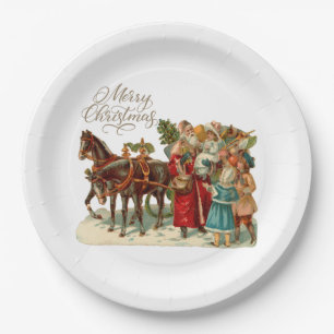 Prato De Papel Feliz Natal Papais noeis de Vintage com Crianças