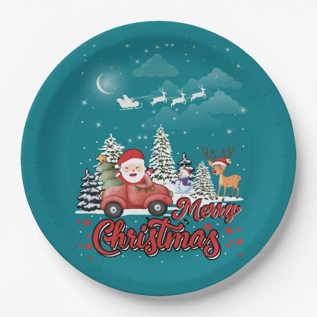 Prato De Papel Feliz Natal Papais noeis Vermelhos Presentes de Ca (Frente)