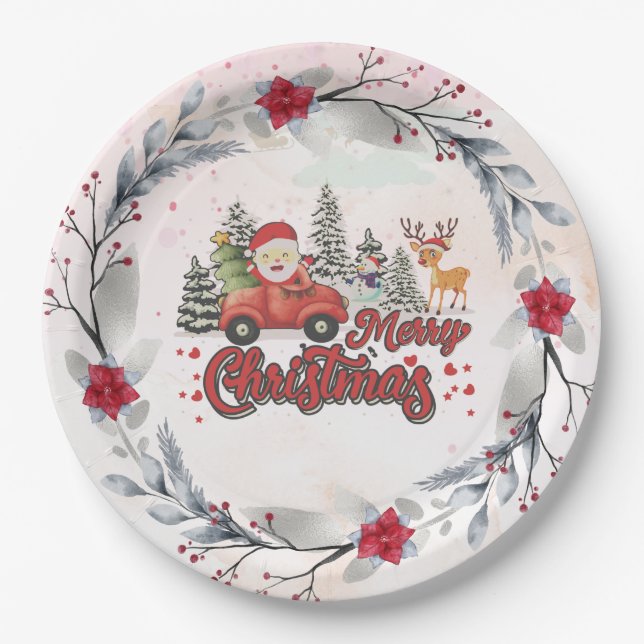 Prato De Papel Feliz Natal Papais noeis Vermelhos Presentes de Ca (Frente)