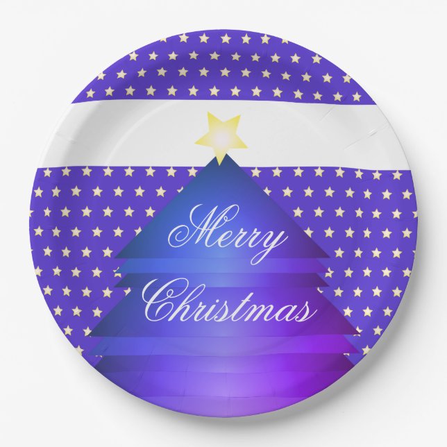 Prato De Papel Feliz Natal - Papéis Azuis Com Estrelas (Frente)