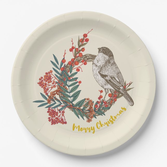 Prato De Papel Feliz Natal Pird Wreath (Frente)
