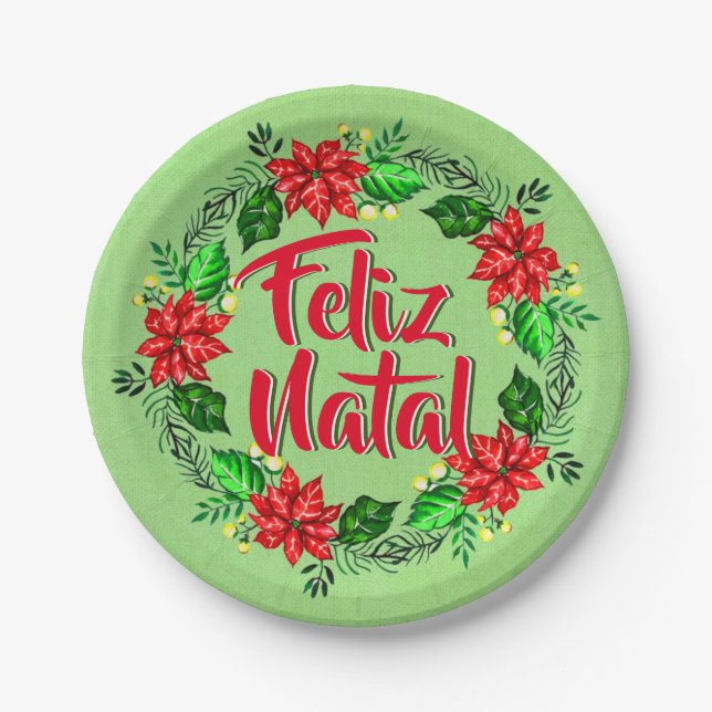 Prato De Papel Feliz Natal Português Feliz Feliz Natal Feliz 7" (Frente)