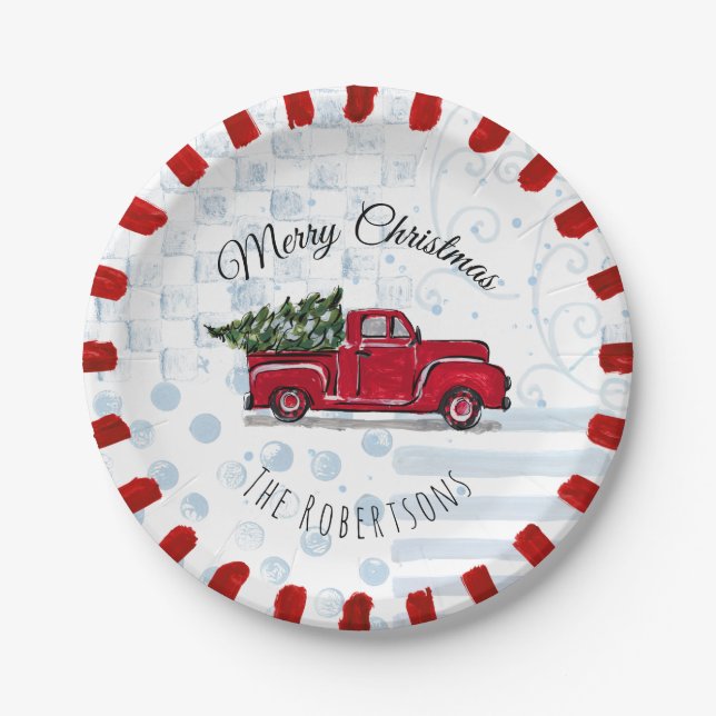 Prato De Papel Feliz Natal Red Antique Truck Paper Plate (Frente)