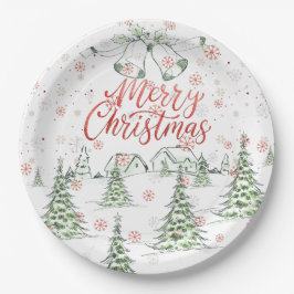 Prato De Papel Feliz Natal, Red e Green Snowy Trees