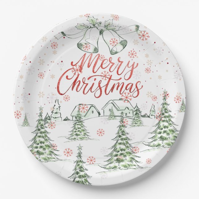 Prato De Papel Feliz Natal, Red e Green Snowy Trees (Frente)