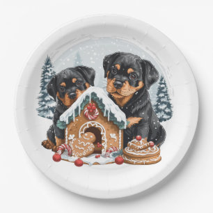 Prato De Papel Feliz Natal Rottweiler Cães Gingerbis House