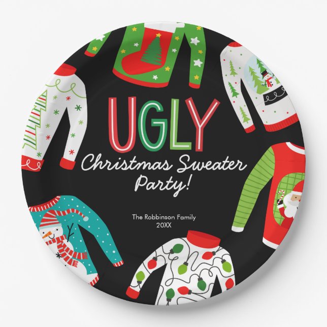Prato De Papel Feliz Natal Ugly Sweater Party Paper Plate (Frente)