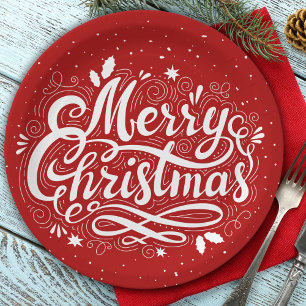 Prato De Papel Feliz Natal Vermelho Festivo e Branco