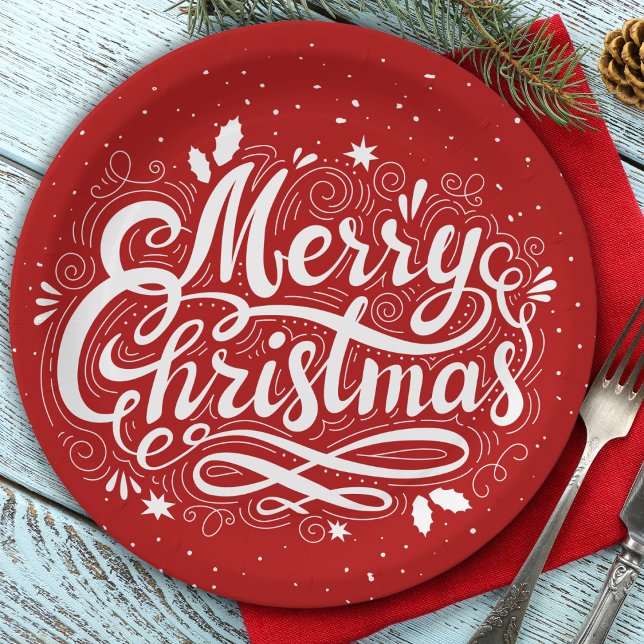 Prato De Papel Feliz Natal Vermelho Festivo e Branco (Merry Christmas Festive Red and White Paper Plates)